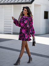 Fashion Sexy Printed Round Neck Tie Waist Long Sleeve Dress