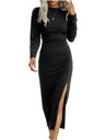 Women's Solid Color Round Neck Slim Long Sleeve Slit Dress