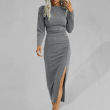 Women's Solid Color Round Neck Slim Long Sleeve Slit Dress