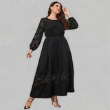Women’s Solid Color Plus Size Lace Puff Sleeve Flared Skirt Maxi Dress