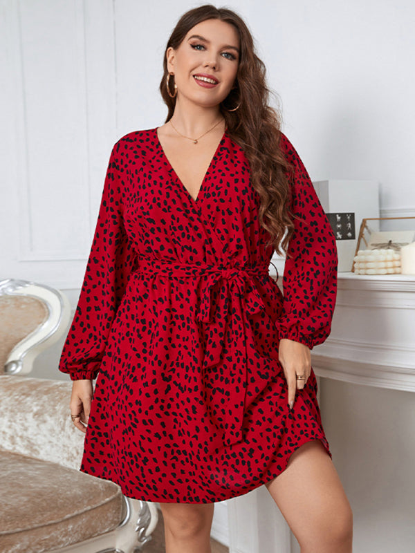Women’s Plus Size Long Sleeve Faux Animal Print Wrap Sequin Dress