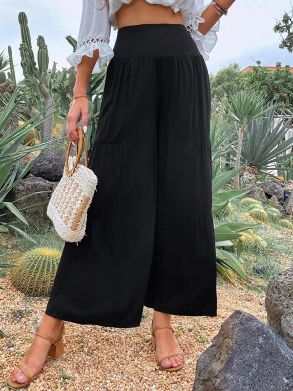 Women’s Solid Color Tiered Wide Leg Soft Blend Pants