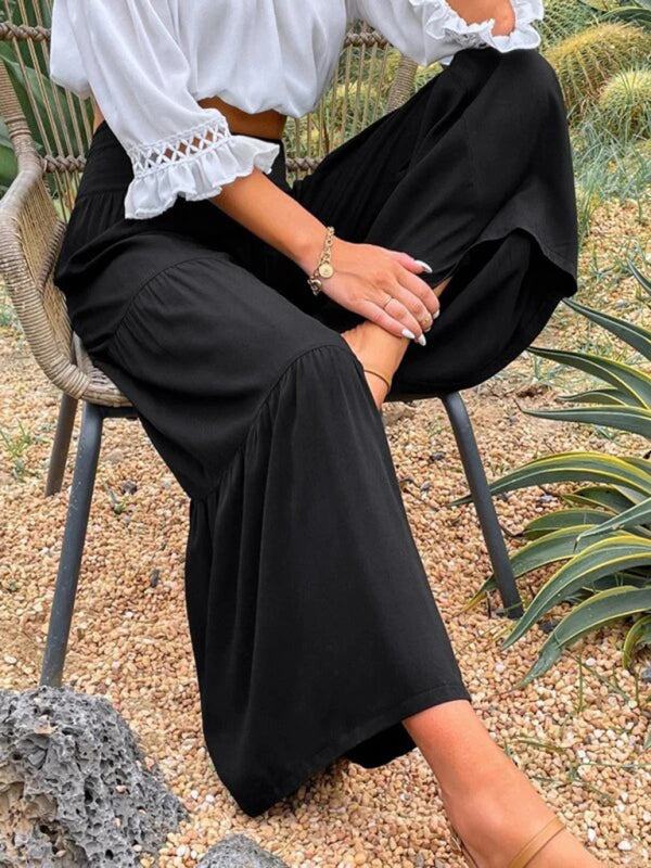 Women’s Solid Color Tiered Wide Leg Soft Blend Pants