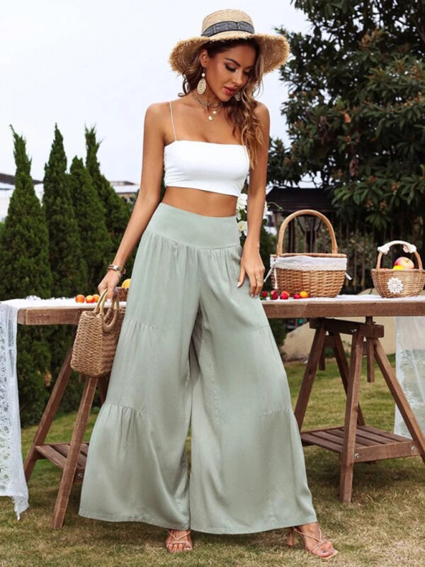 Women’s Solid Color Tiered Wide Leg Soft Blend Pants