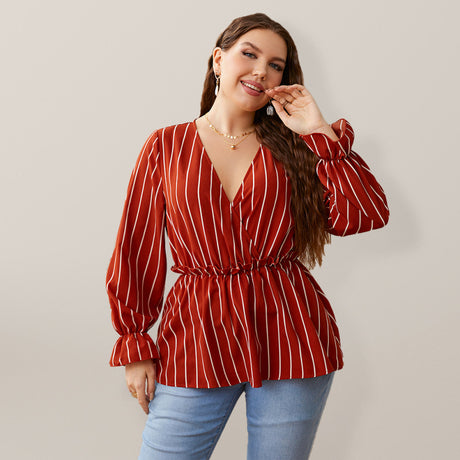 Women’s Stripe Faux Wrap Ruffle Long Sleeve Top
