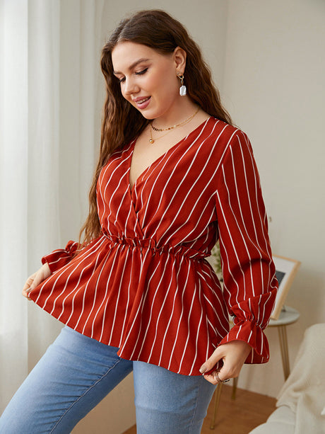 Women’s Stripe Faux Wrap Ruffle Long Sleeve Top