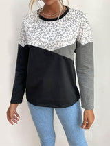 Women's Color Block Faux Leopard Print Pullover Shirt Top