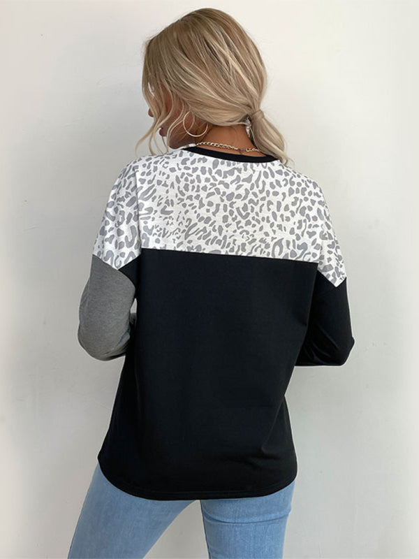 Women's Color Block Faux Leopard Print Pullover Shirt Top