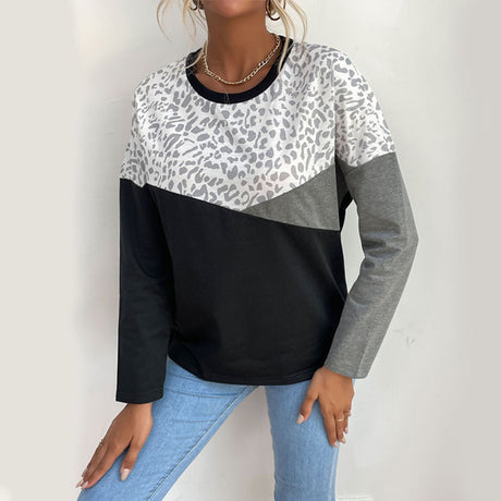 Women's Color Block Faux Leopard Print Pullover Shirt Top