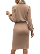 Women’s Solid Color Crew Neck Puff Sleeve Ruched Slit Hem Midi Dress