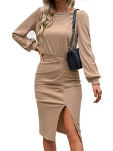 Women’s Solid Color Crew Neck Puff Sleeve Ruched Slit Hem Midi Dress