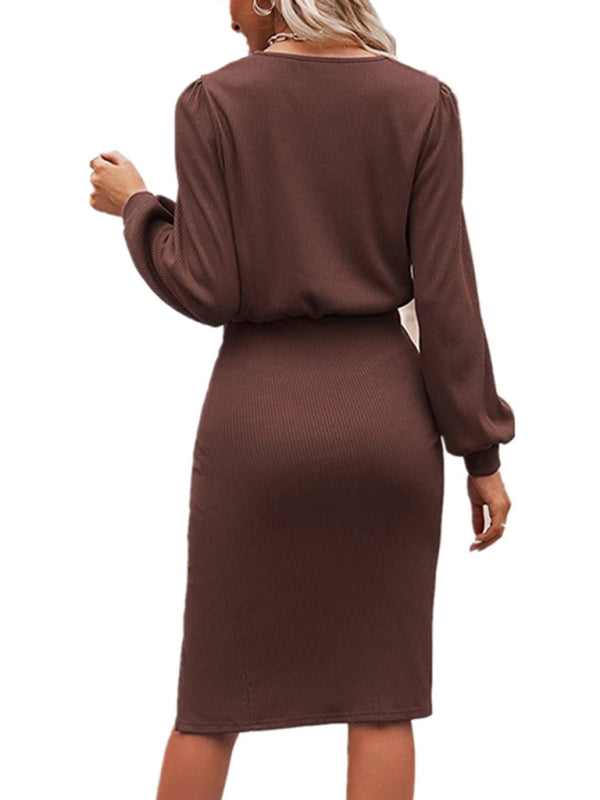 Women’s Solid Color Crew Neck Puff Sleeve Ruched Slit Hem Midi Dress