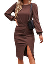 Women’s Solid Color Crew Neck Puff Sleeve Ruched Slit Hem Midi Dress