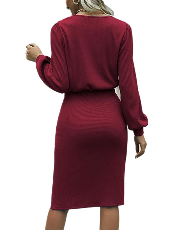 Women’s Solid Color Crew Neck Puff Sleeve Ruched Slit Hem Midi Dress