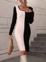 Women’s Color Block Square-neck Ribbed Long Sweater Dress