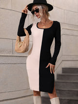 Women’s Color Block Square-neck Ribbed Long Sweater Dress
