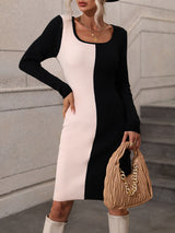 Women’s Color Block Square-neck Ribbed Long Sweater Dress