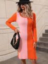 Women’s Color Block Square-neck Ribbed Long Sweater Dress