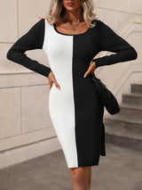 Women’s Color Block Square-neck Ribbed Long Sweater Dress