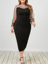 Women’s Solid Color Plus Size Long Sleeve Sheer Lace Crewneck Airy Chiffon Bodycon Dress
