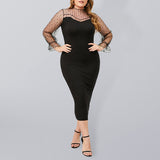 Women’s Solid Color Plus Size Long Sleeve Sheer Lace Crewneck Airy Chiffon Bodycon Dress