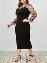 Women’s Solid Color Plus Size Long Sleeve Sheer Lace Crewneck Airy Chiffon Bodycon Dress