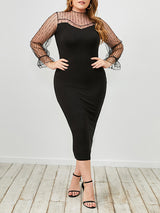 Women’s Solid Color Plus Size Long Sleeve Sheer Lace Crewneck Airy Chiffon Bodycon Dress