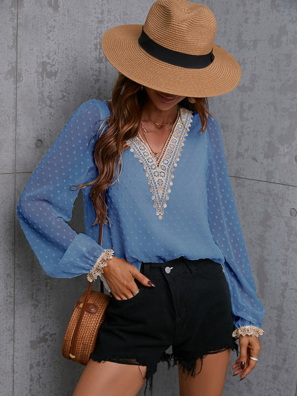 Women's Sweet Dream Solid Color V Neck Lace Trim Polka Dot Puff Sleeve Top
