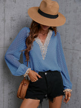 Women's Sweet Dream Solid Color V Neck Lace Trim Polka Dot Puff Sleeve Top