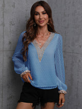 Women's Sweet Dream Solid Color V Neck Lace Trim Polka Dot Puff Sleeve Top