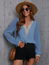 Women's Sweet Dream Solid Color V Neck Lace Trim Polka Dot Puff Sleeve Top
