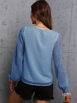 Women's Sweet Dream Solid Color V Neck Lace Trim Polka Dot Puff Sleeve Top