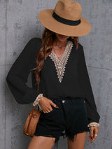 Women's Sweet Dream Solid Color V Neck Lace Trim Polka Dot Puff Sleeve Top