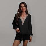 Women's Sweet Dream Solid Color V Neck Lace Trim Polka Dot Puff Sleeve Top