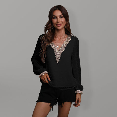 Women's Sweet Dream Solid Color V Neck Lace Trim Polka Dot Puff Sleeve Top