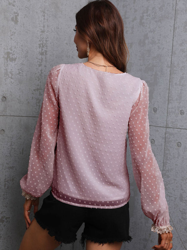 Women's Sweet Dream Solid Color V Neck Lace Trim Polka Dot Puff Sleeve Top