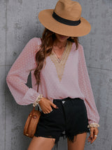 Women's Sweet Dream Solid Color V Neck Lace Trim Polka Dot Puff Sleeve Top