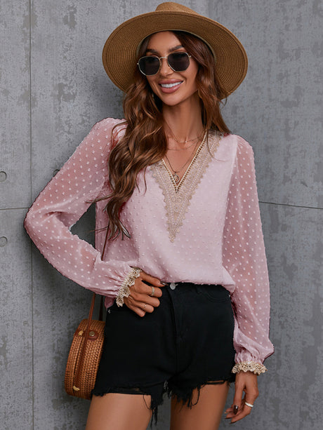 Women's Sweet Dream Solid Color V Neck Lace Trim Polka Dot Puff Sleeve Top