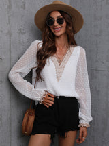 Women's Sweet Dream Solid Color V Neck Lace Trim Polka Dot Puff Sleeve Top