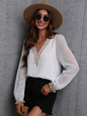 Women's Sweet Dream Solid Color V Neck Lace Trim Polka Dot Puff Sleeve Top