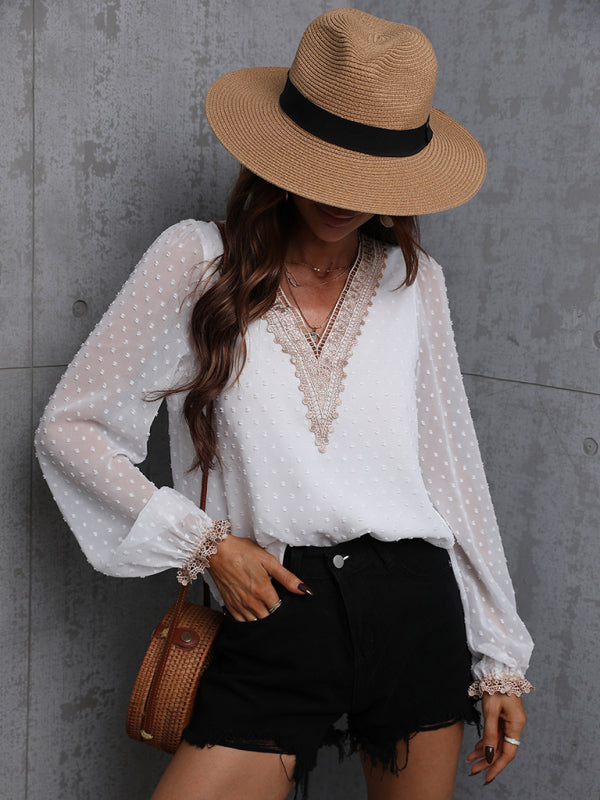 Women's Sweet Dream Solid Color V Neck Lace Trim Polka Dot Puff Sleeve Top