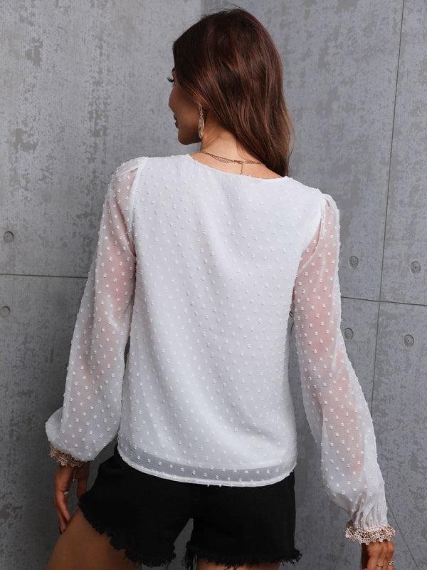 Women's Sweet Dream Solid Color V Neck Lace Trim Polka Dot Puff Sleeve Top