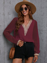 Women's Sweet Dream Solid Color V Neck Lace Trim Polka Dot Puff Sleeve Top