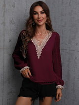 Women's Sweet Dream Solid Color V Neck Lace Trim Polka Dot Puff Sleeve Top