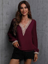 Women's Sweet Dream Solid Color V Neck Lace Trim Polka Dot Puff Sleeve Top