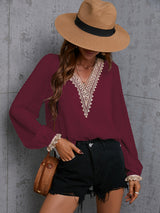 Women's Sweet Dream Solid Color V Neck Lace Trim Polka Dot Puff Sleeve Top