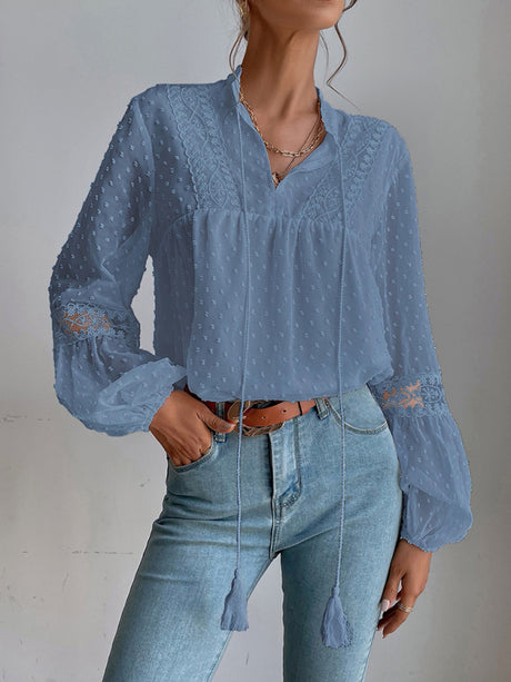 Women's Solid Color Split Neck With Ties Long Sleeve Lace Trim Blouse