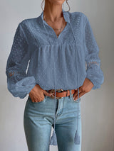 Women's Solid Color Split Neck With Ties Long Sleeve Lace Trim Blouse