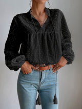 Women's Solid Color Split Neck With Ties Long Sleeve Lace Trim Blouse