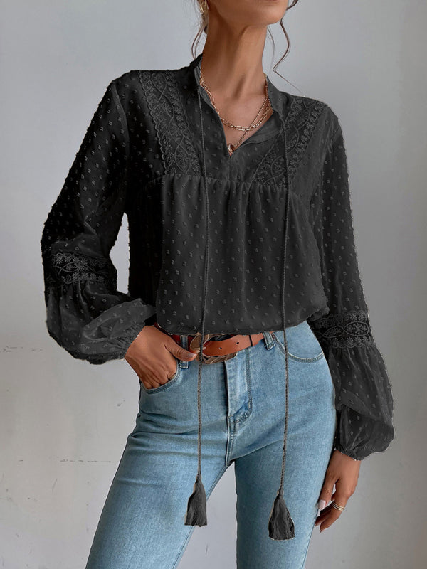 Women's Solid Color Split Neck With Ties Long Sleeve Lace Trim Blouse